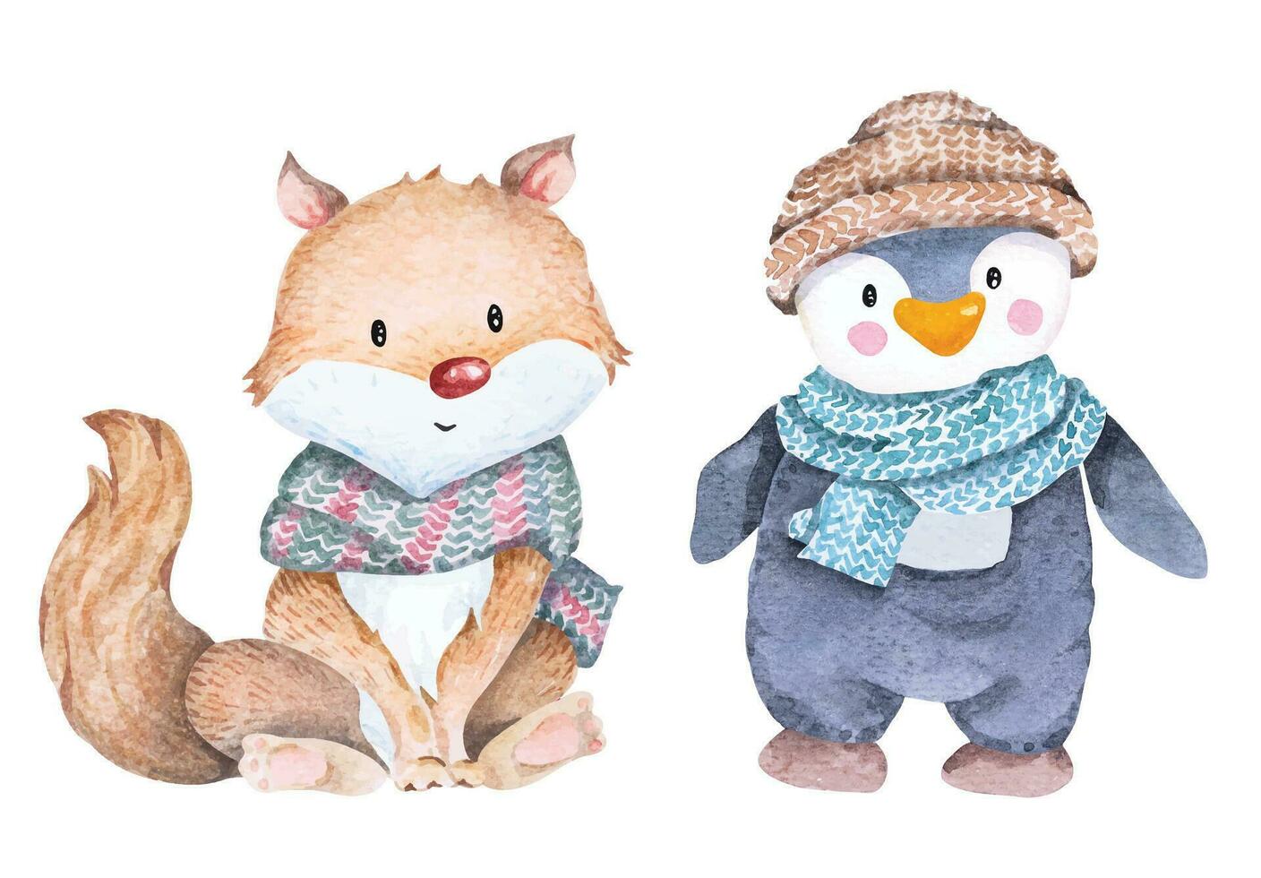 Karikatur Pinguin, Fuchs im Hut und Schal.für Winter Neu Jahre Tag und Weihnachten.süß Tiere. vektor