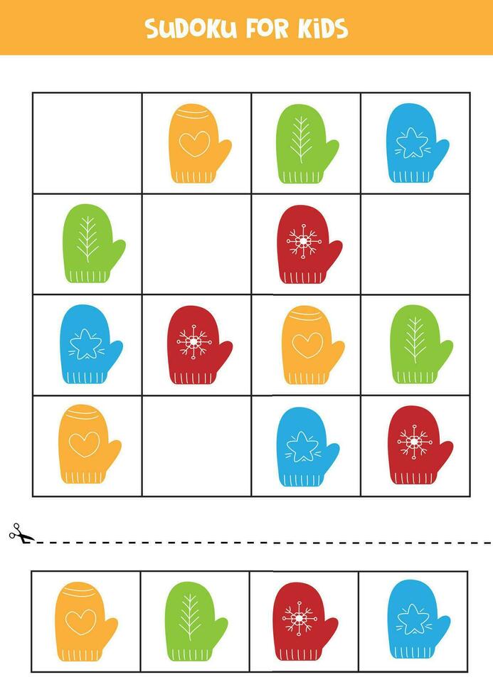 pedagogisk sudoku spel med söt tecknad serie färgrik vantar. vektor