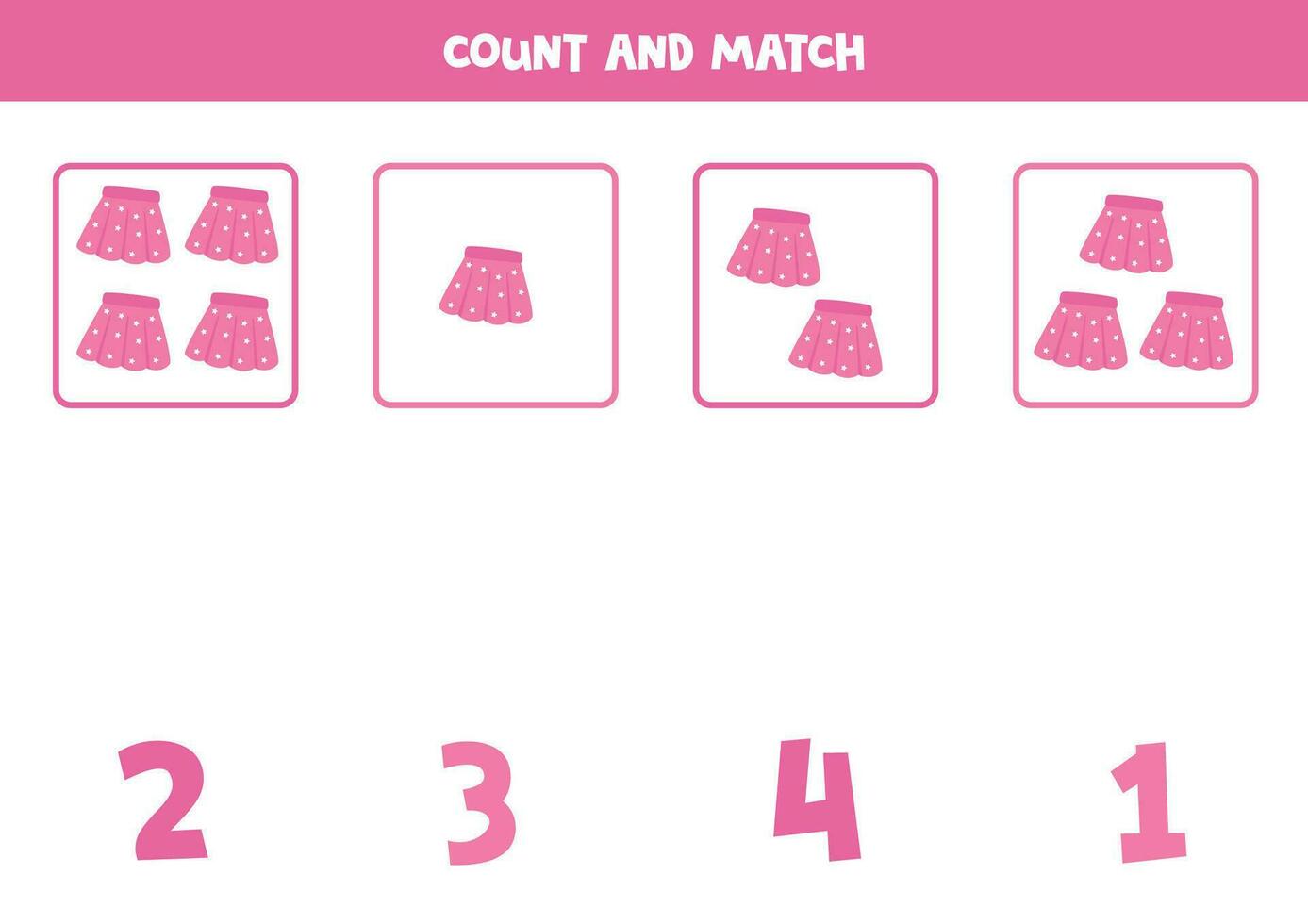 räkning spel för ungar. räkna Allt rosa kjolar och match med tal. kalkylblad för barn. vektor