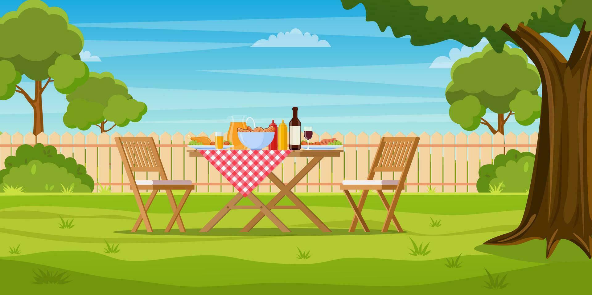 utegrill fest i de bakgård med staket, träd, buskar. picknick med utegrill på sommar gräsmatta i parkera eller trädgård mat på tabell, stolar. vektor illustration i platt design