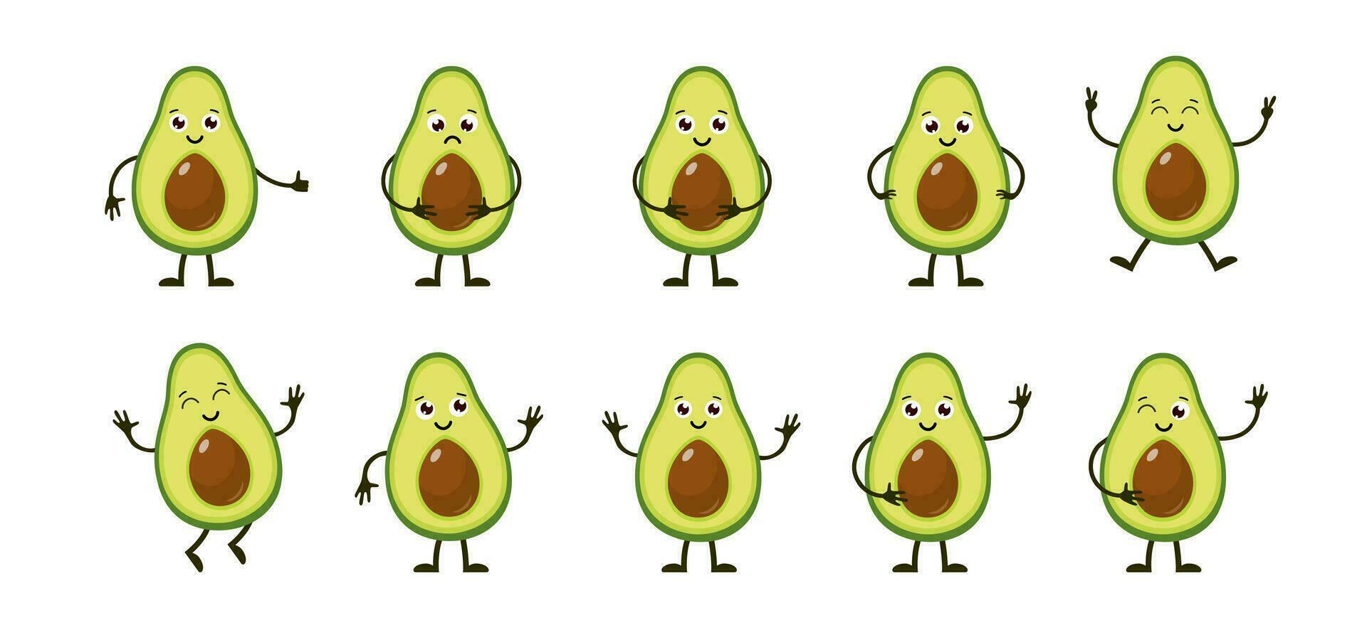 Karikatur komisch Früchte. glücklich Avocado mit Gesicht. Sommer- Obst Avocado Zeichen isoliert auf Weiß. Vektor Illustration im eben Stil