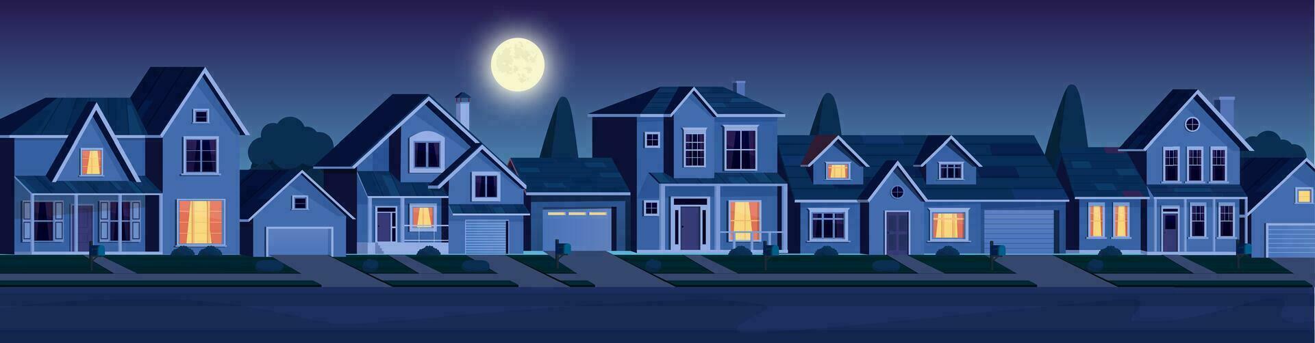 urban eller förorts grannskap på natt med verklig egendom fast egendom, hus med lampor. tecknad serie landskap med förorts stugor, måne och stjärnor i mörk himmel. vektor illustration i en platt stil