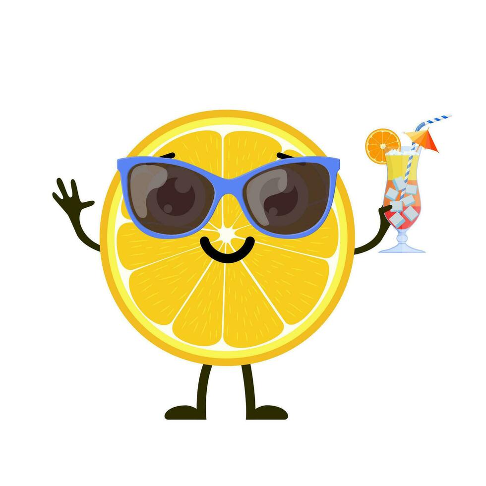 komisch Zitrone Charakter mit Mensch Gesicht und Cocktail Glas haben Spaß beim Party. bunt Sommer- Design. Vektor Illustration im eben Stil