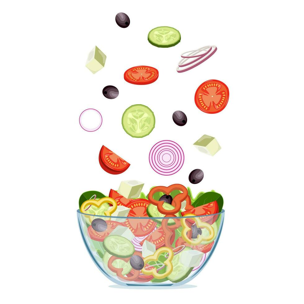 frisch griechisch Salat mit griechisch Oliven, Gurken, Tomaten, Zwiebel, Feta Käse. Vegetarier Salat im ein transparent Salat Schüssel Objekt isoliert auf ein Weiß Hintergrund. Vektor Illustration im eben Design