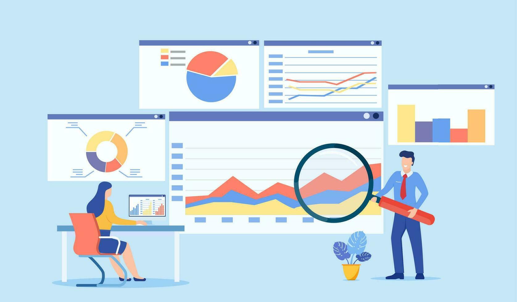 Daten Analytik, Instrumententafel und Geschäft Finanzen Bericht. Geschäft Menschen Arbeiten zum Daten Analytik und Überwachung auf Netz Bericht. Geschäft Finanzen Investition Konzept. Vektor Illustration im eben Stil