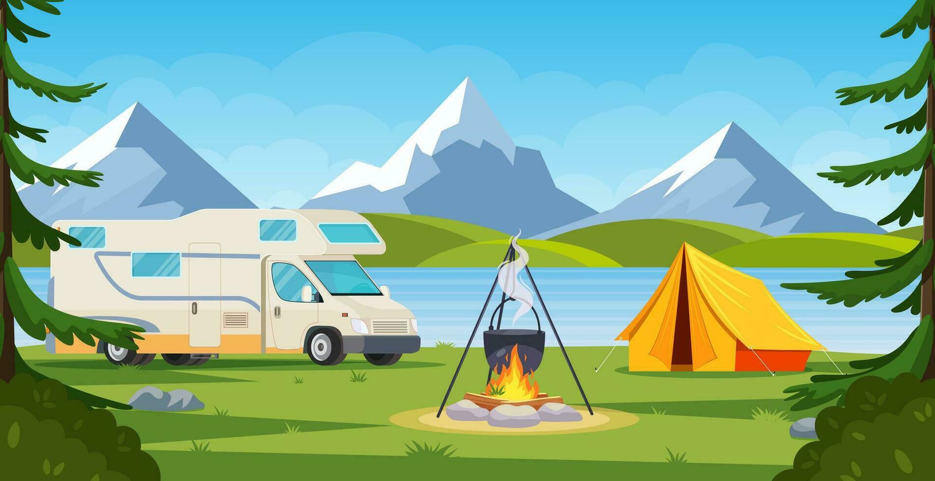 Sommer- Lager im Wald mit Lagerfeuer, Zelt, Van, Rucksack. Karikatur Landschaft mit Berg, Wald und Campingplatz. Ausrüstung zum reisen, wandern. Vektor Illustration im eben Stil