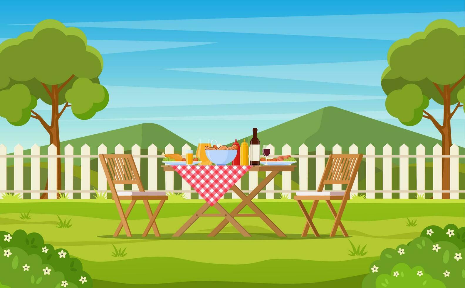 utegrill fest i de bakgård med staket, träd, buskar. picknick med utegrill på sommar gräsmatta i parkera eller trädgård mat på tabell, stolar. vektor illustration i platt design