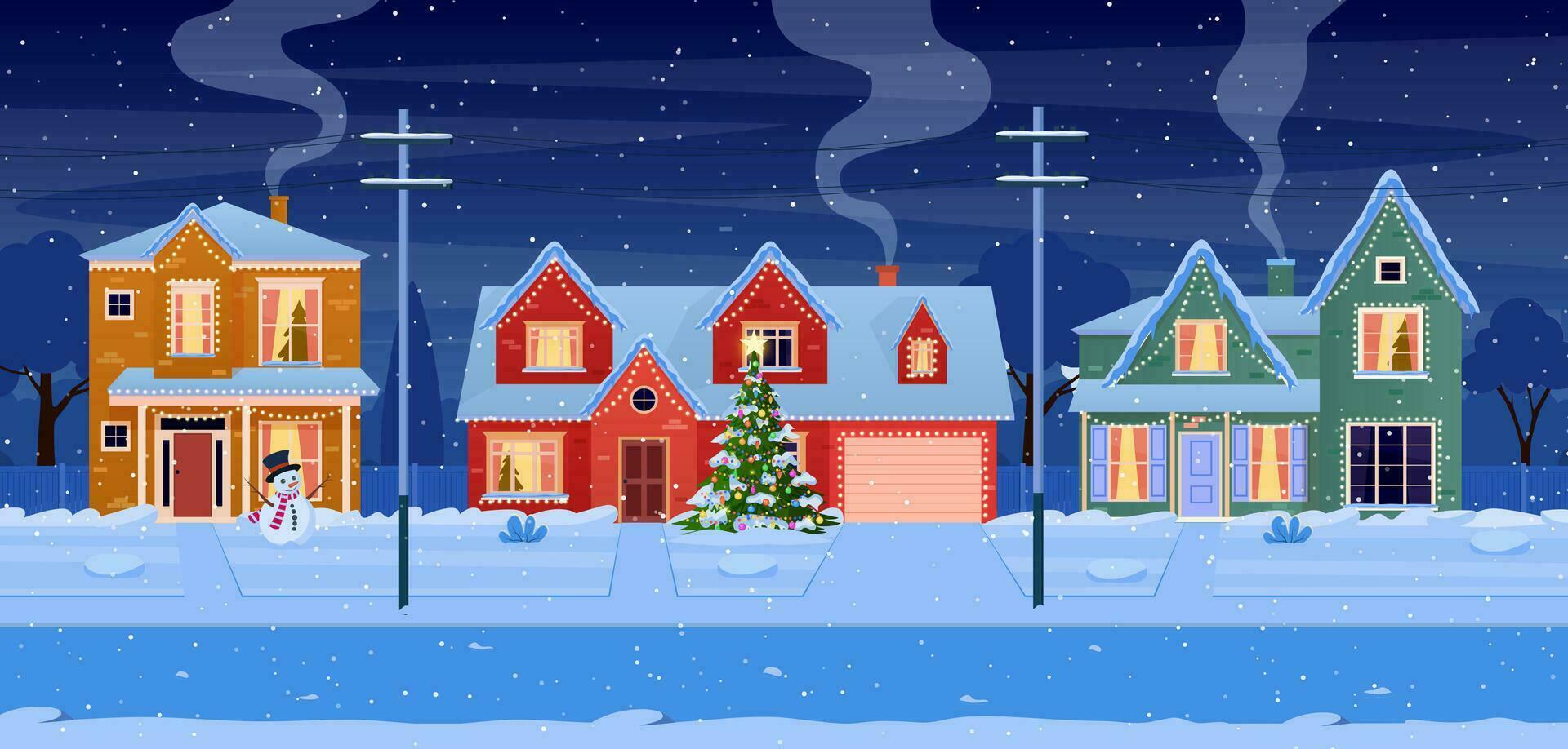 Wohn Häuser mit Weihnachten Dekoration beim Nacht. Karikatur Winter Landschaft Straße mit Schnee auf Dächer und Urlaub Girlanden, Weihnachten Baum, Schneemann. Vektor Illustration