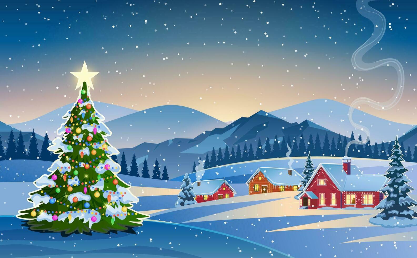 vinter- snö landskap och hus med jul träd. begrepp för hälsning eller post kort. vinter- snö landskap och hus med snöflingor faller från himmel. vektor illustration.