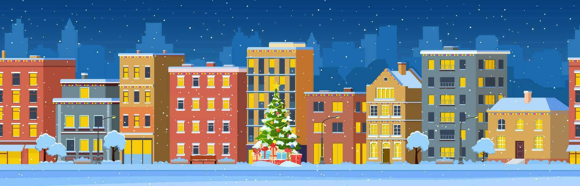 Lycklig ny år och glad jul vinter- stad gata i de natt. jul stad stad panorama. stad byggnad hus vinter- gata stadsbild bakgrund. vektor illustration i platt stil