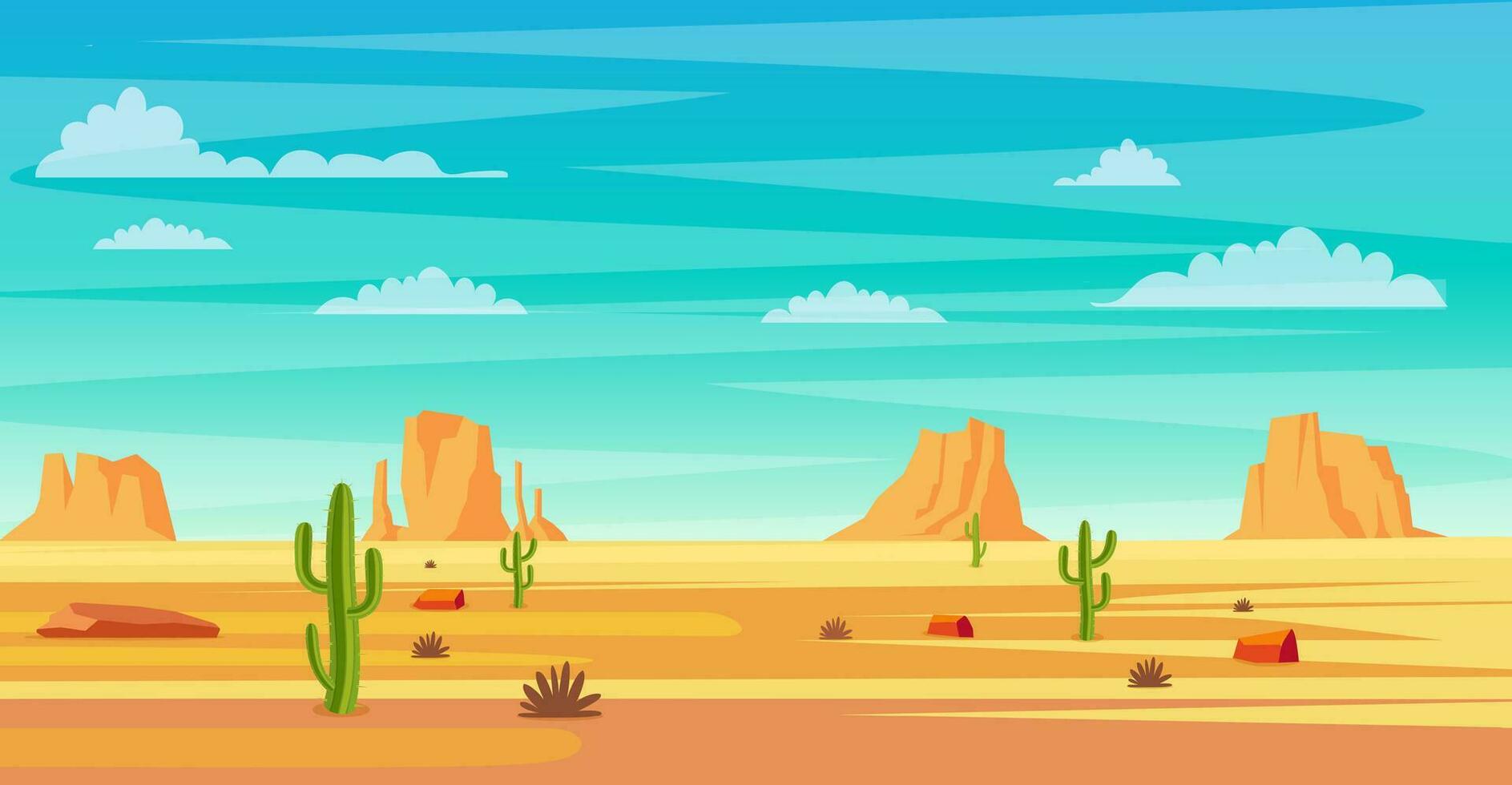 Wüste Landschaft. Kaktus Pflanzen und Felsen auf das Sand. natürlich Hintergrund. Landschaft Arizona oder Mexiko heiß Sand. Vektor Illustration im eben Stil
