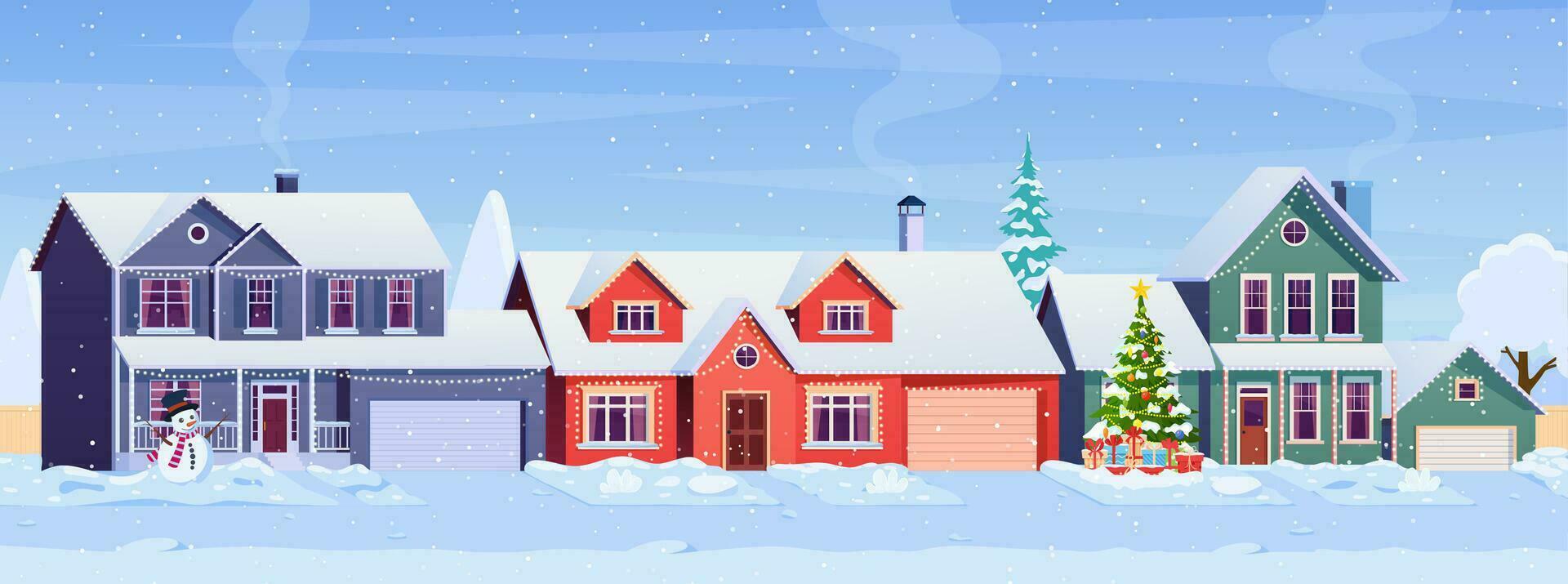 Wohn Häuser mit Weihnachten Dekoration beim Tag. Karikatur Winter Landschaft Straße mit Schnee auf Dächer und Urlaub Girlanden, Weihnachten Baum, Schneemann. Vektor Illustration