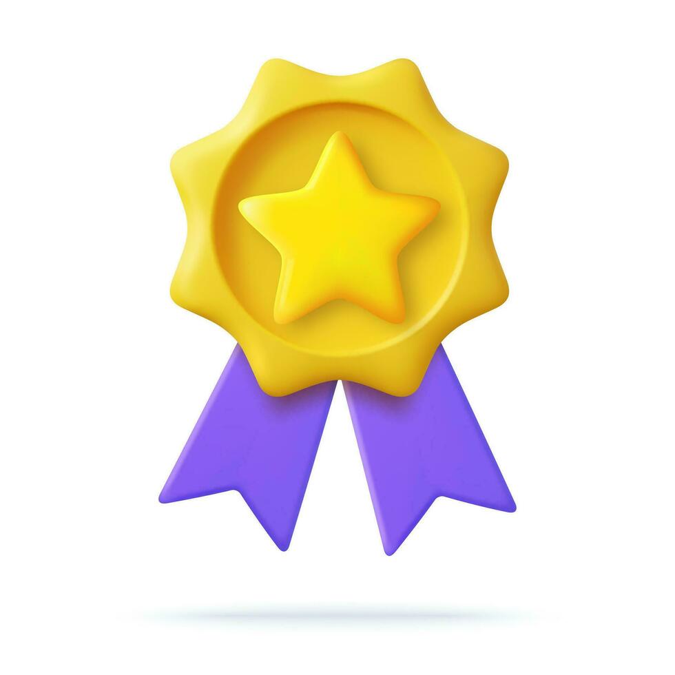 3d Gewinner Medaille mit Star und Schleife. Karikatur minimal Stil. Prämie Qualität, Qualität Garantie Symbol. 3d Rendern Zertifikat leer Abzeichen Symbol. Vektor Illustration