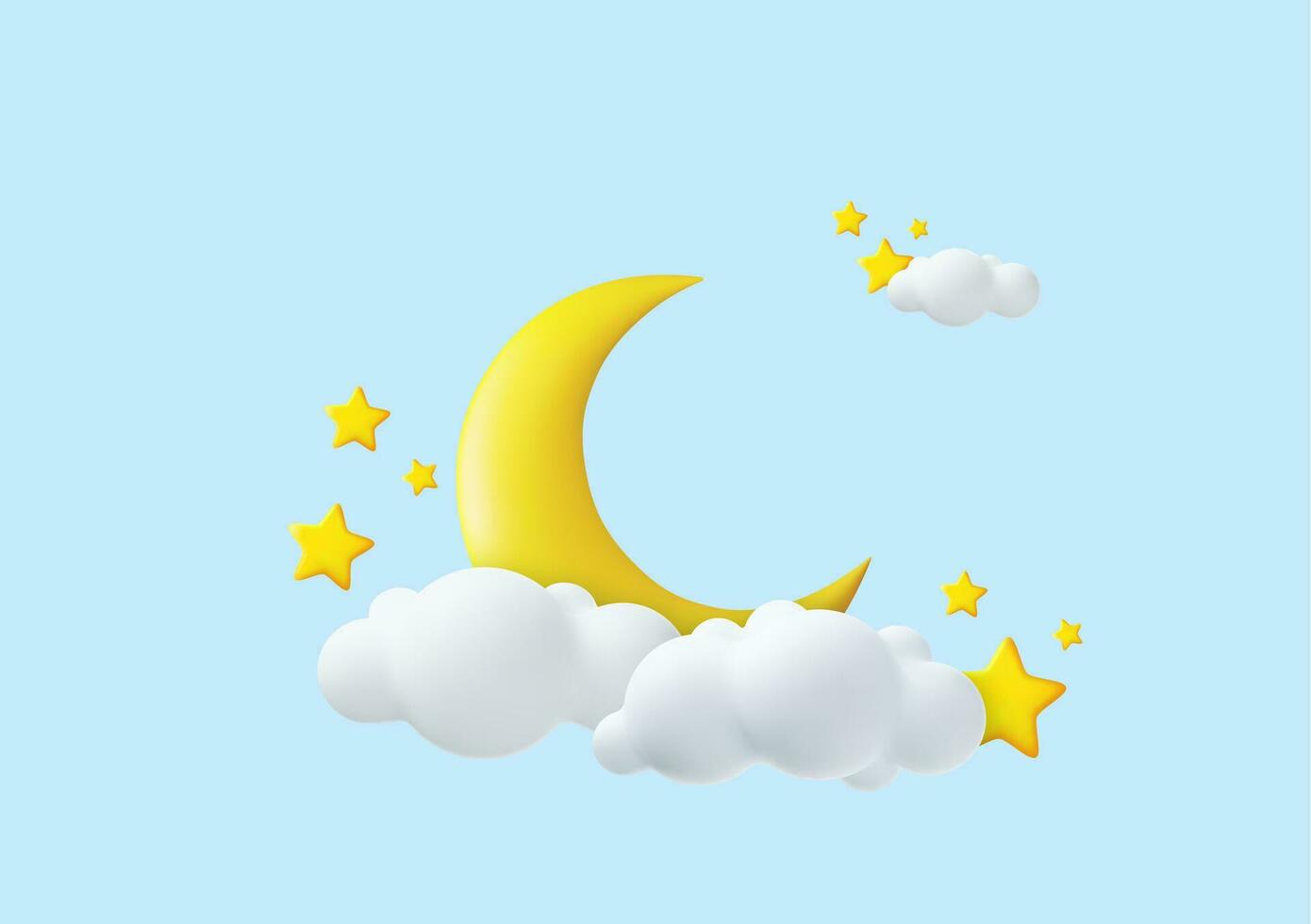 3d Halbmond Mond, golden Sterne und Weiß Wolken isoliert auf Blau Hintergrund. Traum, Wiegenlied, Träume Hintergrund Design zum Banner, Broschüre, Poster. 3d Wiedergabe. Vektor Illustration