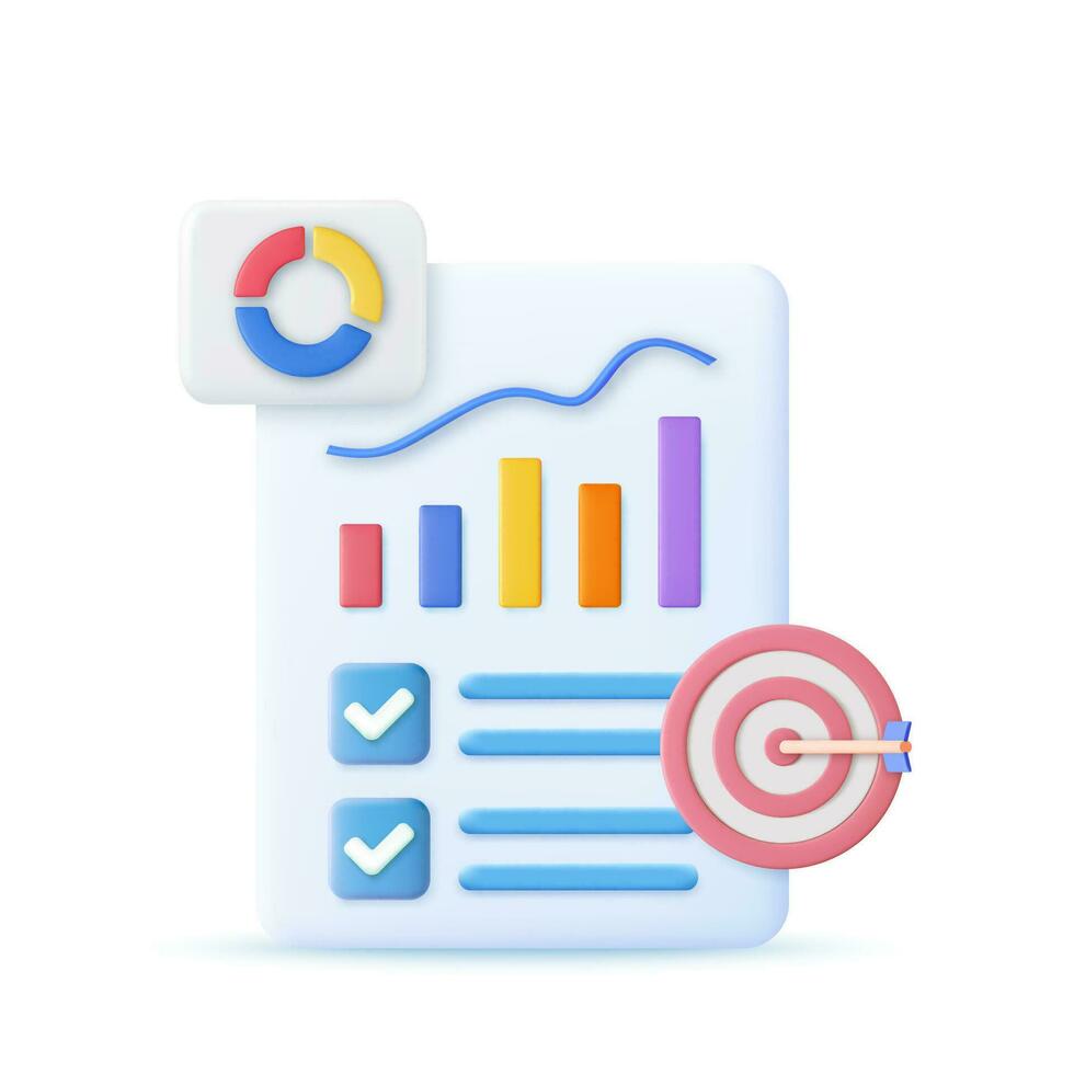 3d Diagramme und Graph mit Analyse Geschäft finanziell Daten, Weiß Zwischenablage Checkliste. online Marketing, Geschäft Strategie Konzept. 3d Wiedergabe. Vektor Illustration