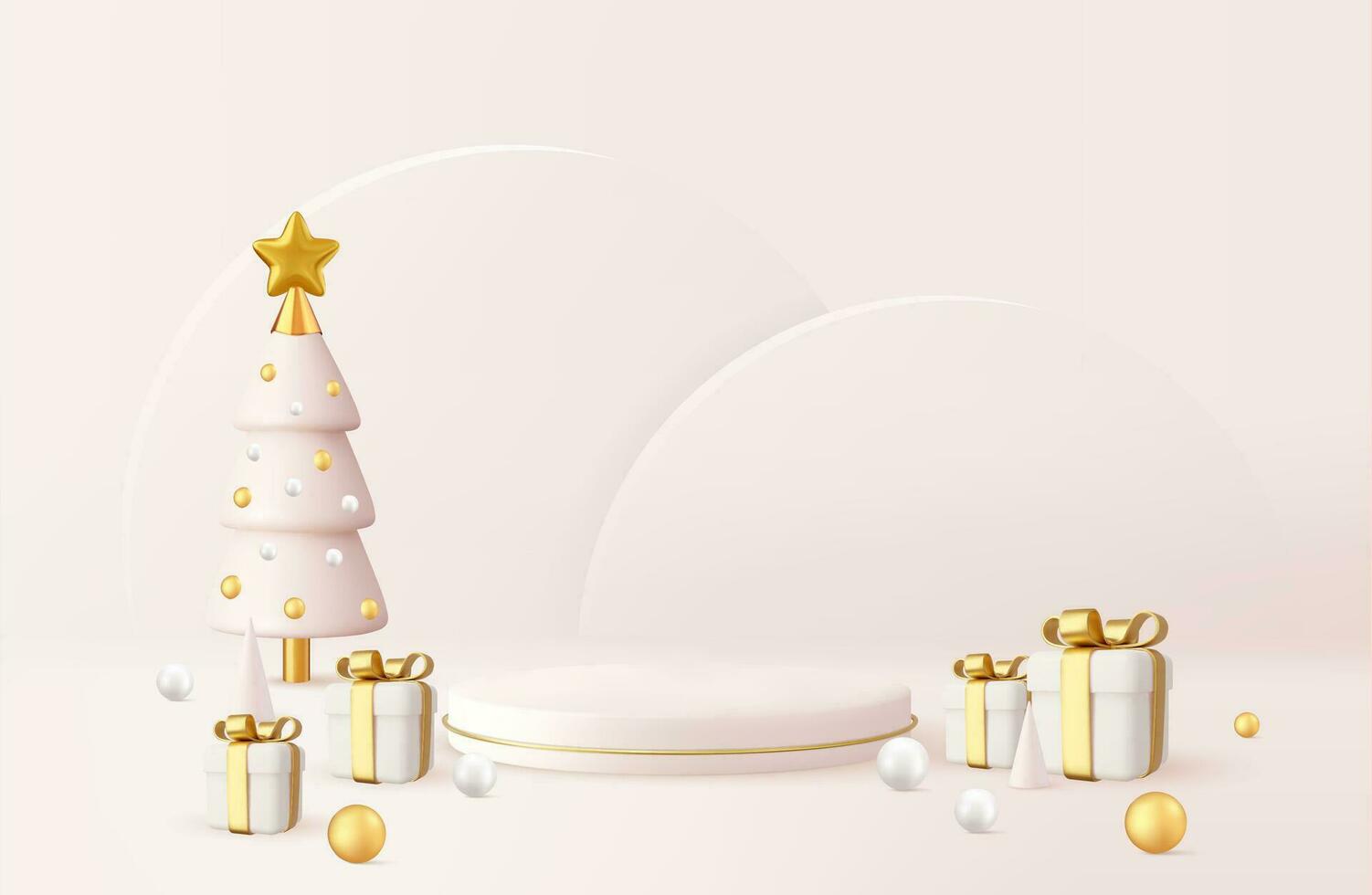 3d Weihnachten Design, Weihnachten Baum mit Geschenk Kisten und Podium. Weihnachten und Neu Jahr Hintergrund. 3d Wiedergabe. Vektor Illustration