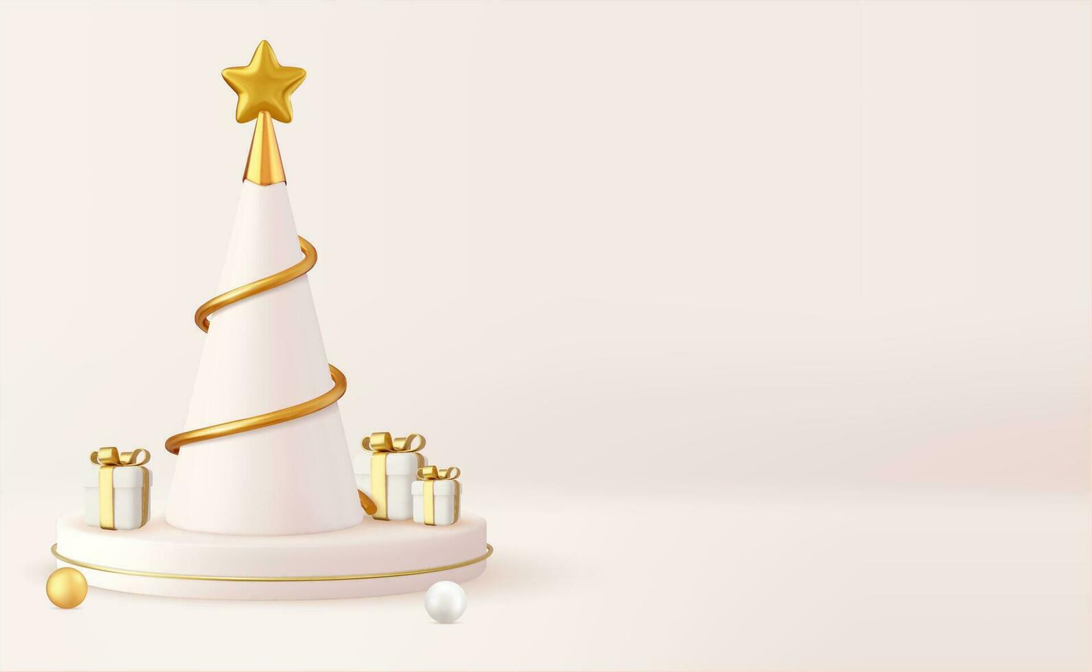 3d Weihnachten Design, golden metallisch Kegel Spiral- Baum mit Geschenk Kisten und Podium. Weihnachten und Neu Jahr Hintergrund. 3d Wiedergabe. Vektor Illustration