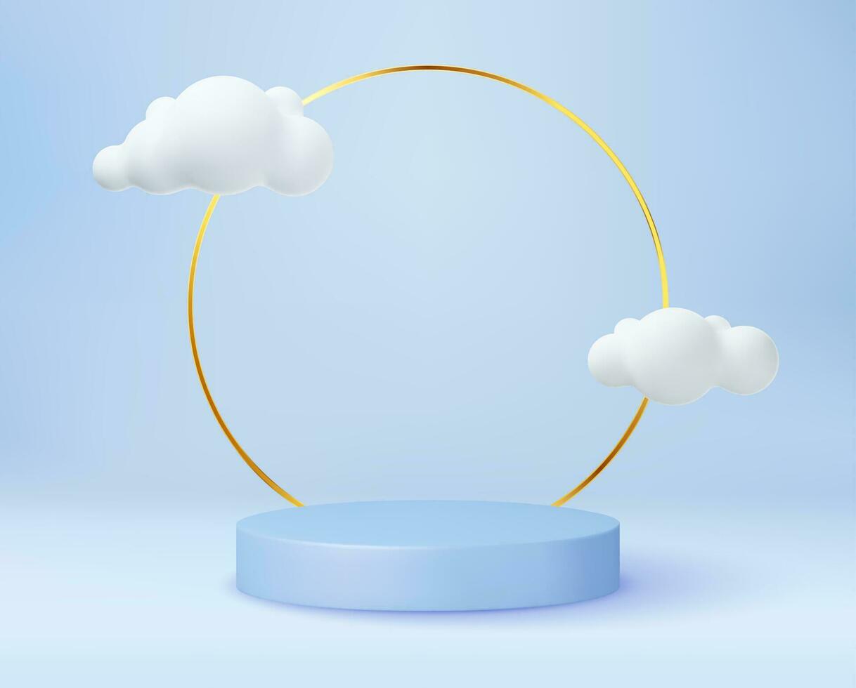 3d Blau Rendern mit Podium und minimal Wolke Szene. Bühne 3d machen im Wolke Produkt Plattform. spotten oben Geometrie gestalten Podium zum Produkt Anzeige mit leeren Raum. Vektor Illustration