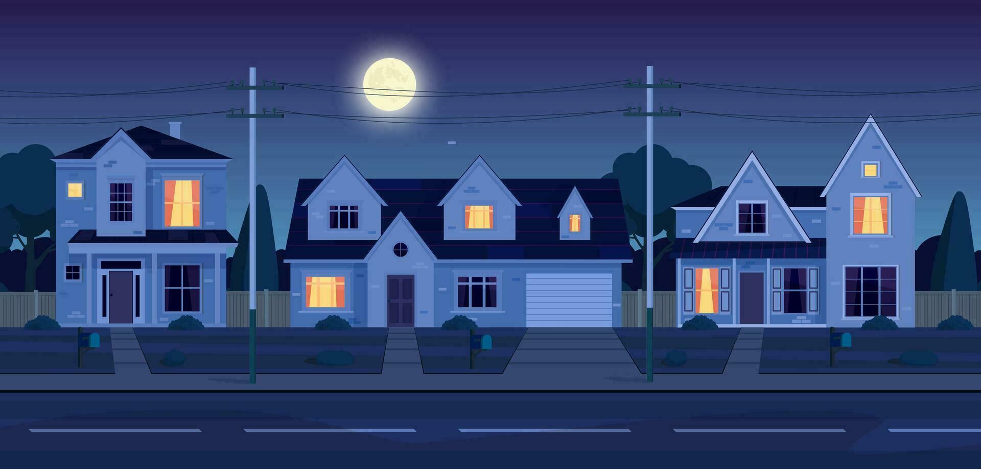 städtisch oder Vorort- Gegend beim Nacht mit echt Nachlass Eigentum, Häuser mit Beleuchtung. Karikatur Landschaft mit Vorort- Hütten, Mond und Sterne im dunkel Himmel. Vektor Illustration im ein eben Stil