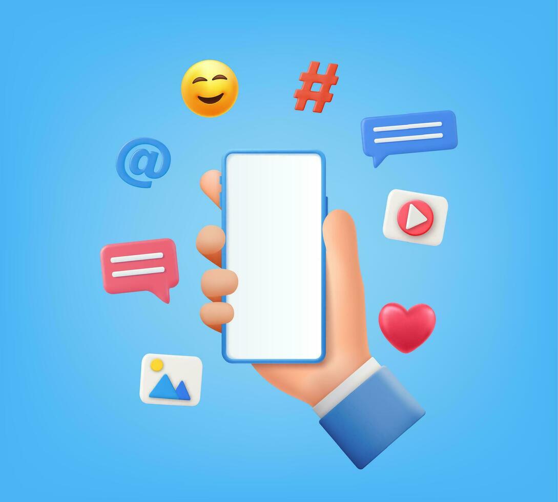 3d online Sozial Medien Kommunikation Konzept. Telefon mit Kommentar, Video und Foto Galerie und abspielen Symbole. Hand halten Telefon mit Emoji, Kommentar, Liebe, mögen und abspielen Symbole. Vektor Illustration