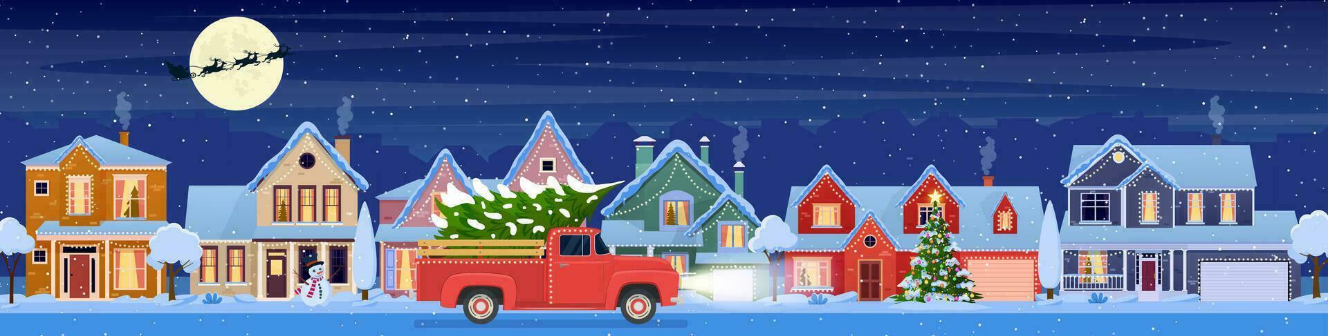 bostads- hus med jul dekoration på natt. jul landskap kort design av retro bil med presentlåda på de topp. bakgrund med måne och de santa claus. vektor illustration