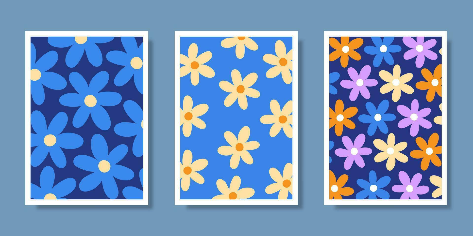 uppsättning av trendig blommig bakgrund mönster. hand dragen 70s stil blommig bakgrund illustration. vektor illustration