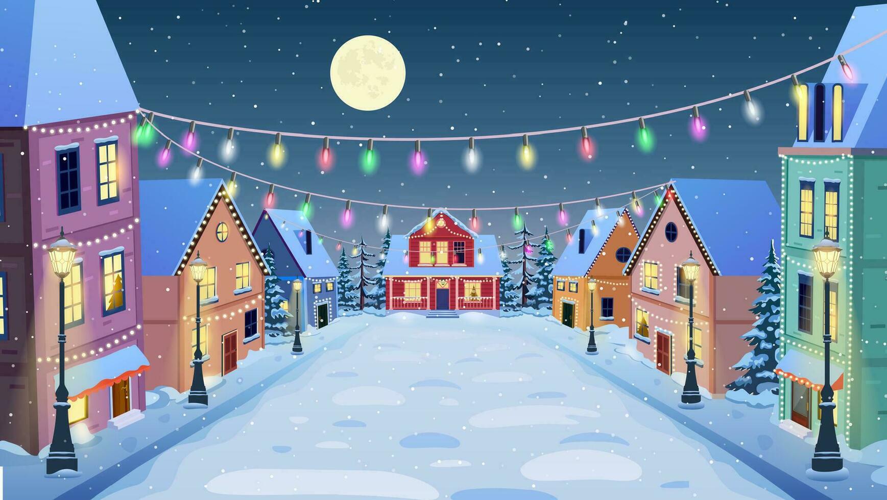 Karikatur Winter Stadt Straße mit Sanft Straße Beleuchtung im das Nacht im Schnee fallen. fröhlich Weihnachten und glücklich Neu Jahr Gruß Karte Hintergrund Poster. Vektor Illustration