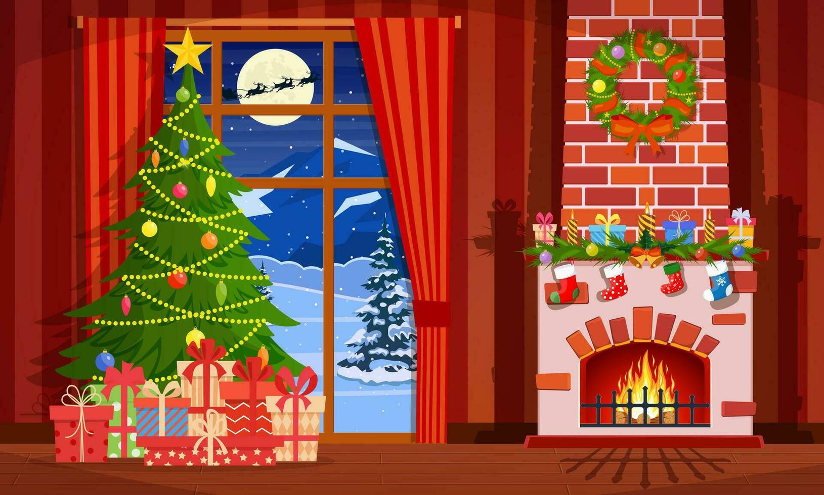 jul interiör av de levande rum med en jul träd, gåvor och en öppen spis. vektor illustration