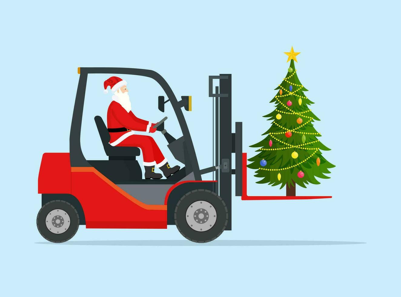 Santa claus im rot Gabelstapler geladen mit Weihnachten Baum. Weihnachten die Geschenke Lieferung und Versand. fröhlich Weihnachten Urlaub. Neu Jahr und Weihnachten. Vektor Illustration im eben Stil