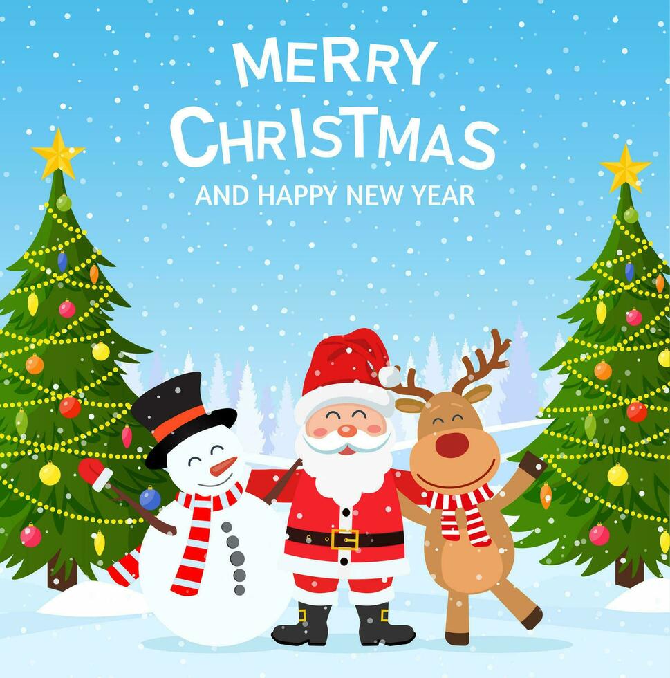 glad jul och Lycklig ny år bakgrund och kort, santa claus, ren, snögubbe tecknad serie söt. vektor illustration i platt stil