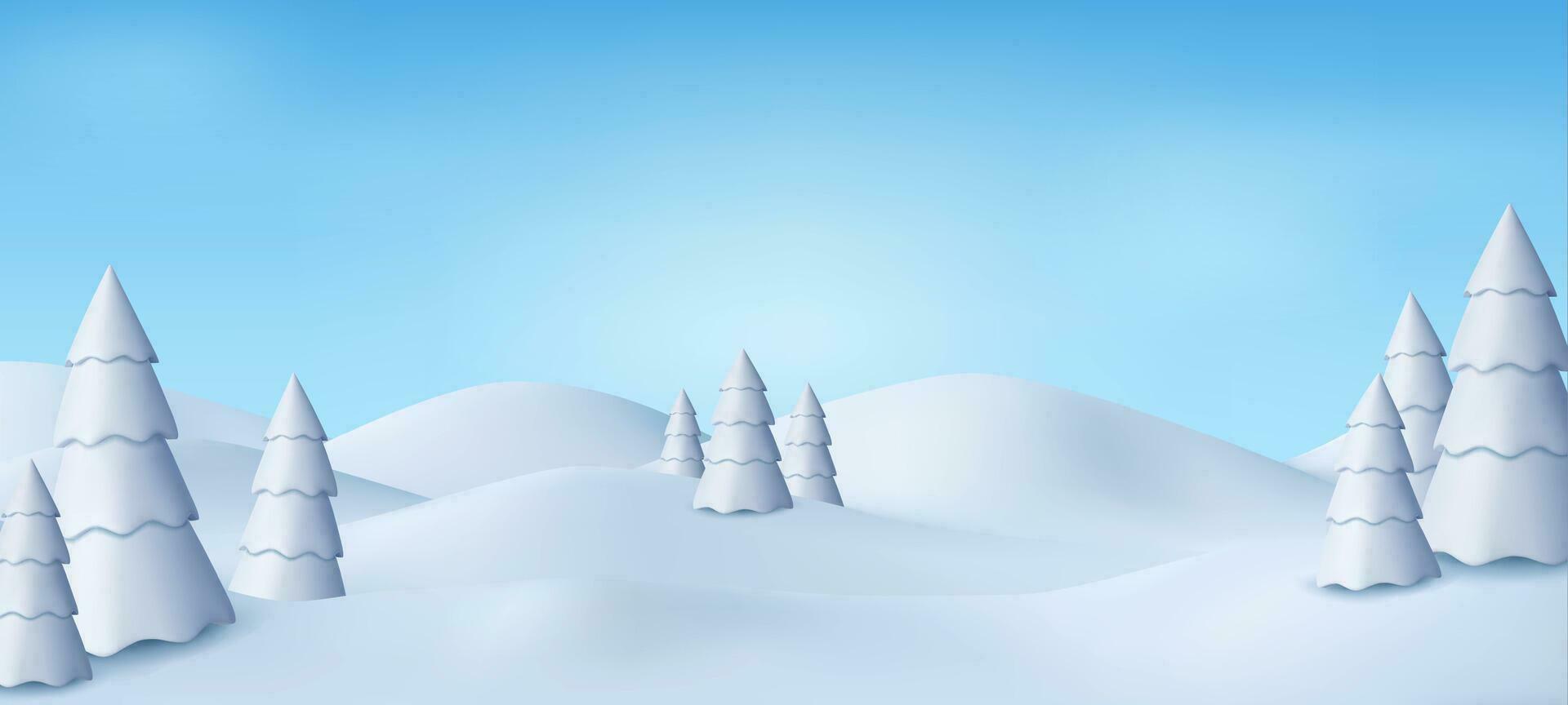 3d natürlich Winter Weihnachten und Neu Jahr Hintergrund mit Blau Himmel, Schneefall, Schneeflocken, Schneeverwehungen und schneebedeckt Tanne Bäume. Vektor Illustration