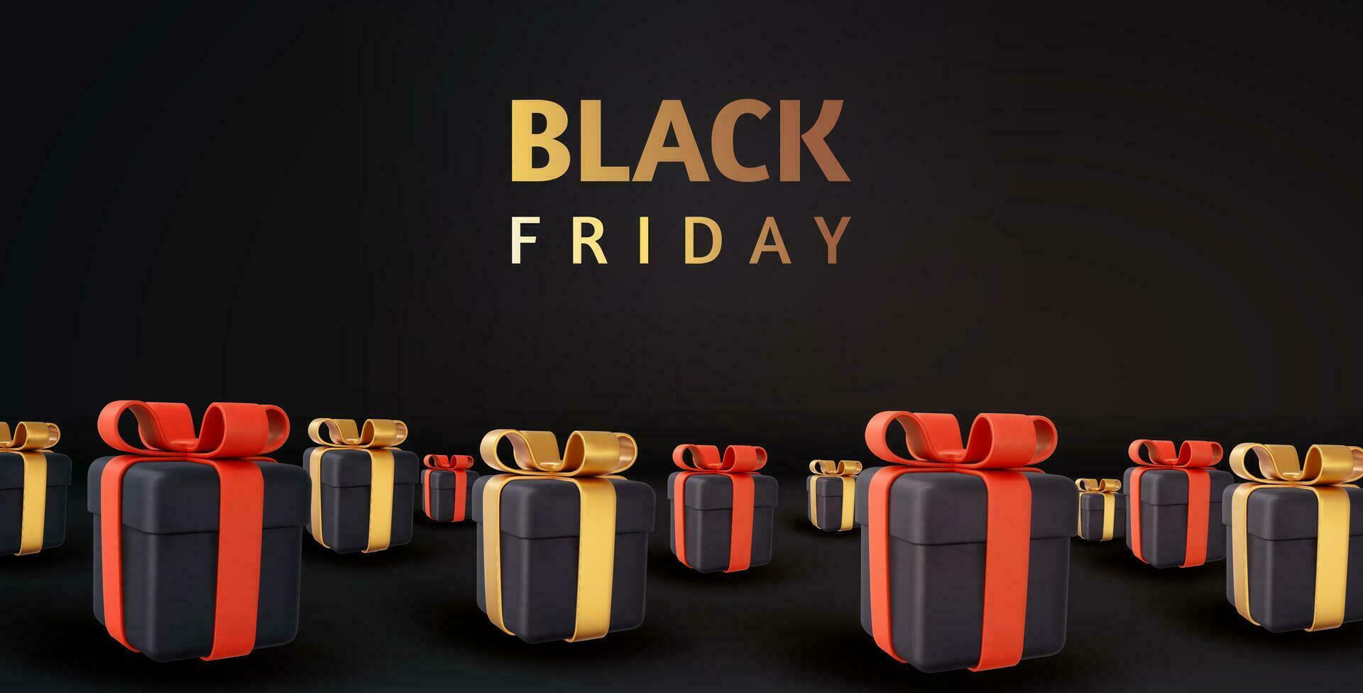3d svart fredag försäljning. svart gåvor lådor. gåva låda med röd och gyllene rosett. horisontell baner, affisch, rubrik hemsida. vektor illustration