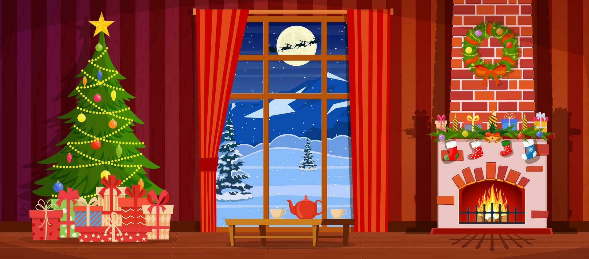 Weihnachten Innere von das Leben Zimmer mit ein Weihnachten Baum, Geschenke und ein Kamin. Vektor Illustration