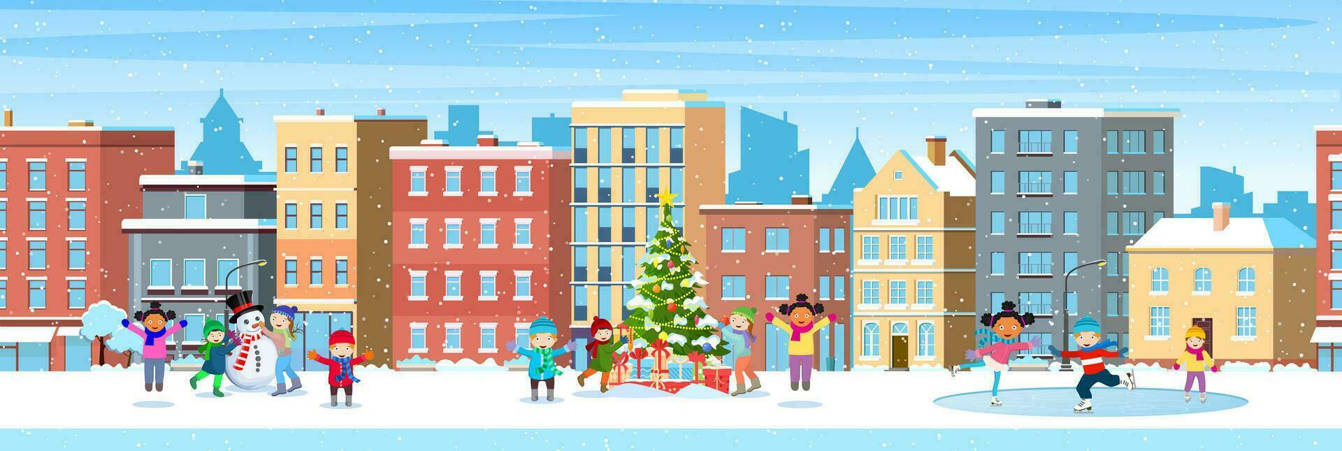 Lycklig ny år och glad jul vinter- stad gata. jul stad stad panorama. barn byggnad snögubbe. vinter- scen med skridskoåkning barn. vektor illustration i platt stil