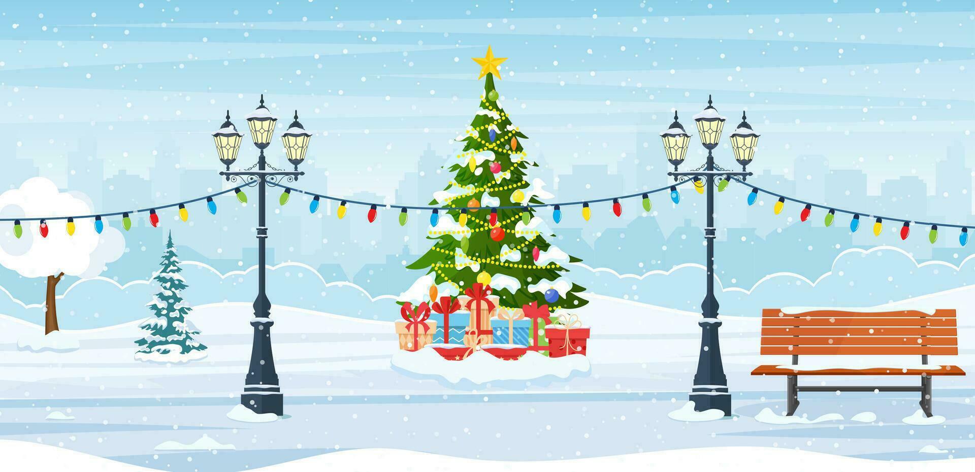 Karikatur Winter Stadt Park mit Weihnachten Bäume, Bank, Laterne. fröhlich Weihnachten und Neu Jahr gefeiert mit Stadtbild Hintergrund Landschaft zum Banner, Poster, Netz. Vektor Illustration im eben Stil