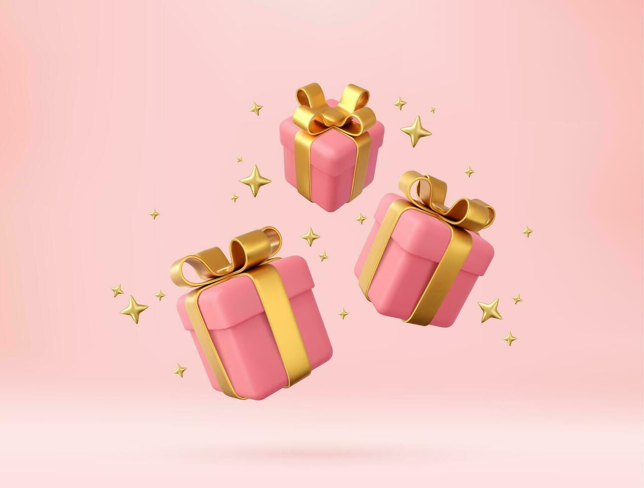 3d Rosa Geschenk Kisten mit golden Band und Bogen. Geburtstag Feier Konzept. fröhlich Neu Jahr und fröhlich Weihnachten Rosa Geschenk Kisten mit golden Verbeugungen. 3d Wiedergabe. Vektor Illustration