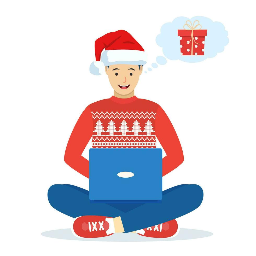 Mann tragen Santa claus Hut Sitzung auf das Fußboden wählen Weihnachten Geschenke mit Laptop. online Verkauf. vorbereiten zu Weihnachten Feiertage. Vektor Illustration im eben Stil