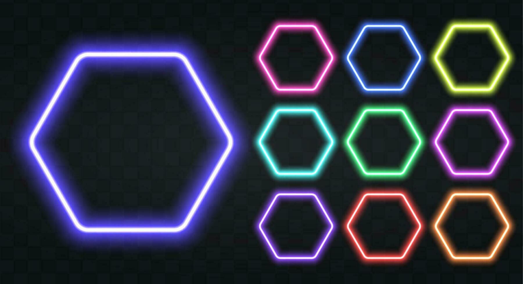 Neon- Hexagon Rand mit Kopieren Raum. Vorlagen einstellen von Neon- rahmen. geometrisch glühen Gliederung gestalten oder Laser- glühend Linien. Vektor Illustration.