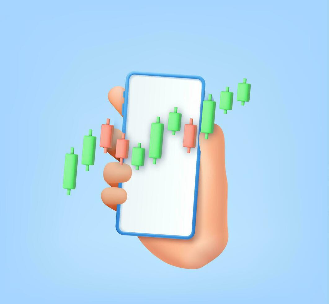 3d Kerze Stock Graph Diagramm von online Lager Markt Handel mit Handy, Mobiltelefon Telefon. Investition Graph mit Finanzierung Geschäft auf Handy, Mobiltelefon im Hand. 3d Wiedergabe. Vektor Illustration