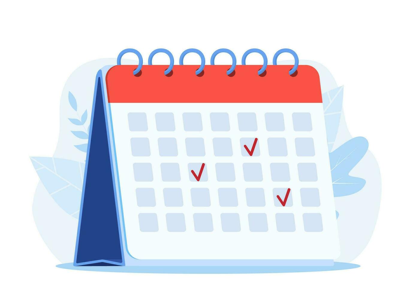 Kalender Erinnerung Datum Spiral- Symbol und prüfen markieren, Stil einfach Kalender. Kennzeichen das Datum, Urlaub, wichtig Tag Konzepte. Vektor Illustration im eben Stil