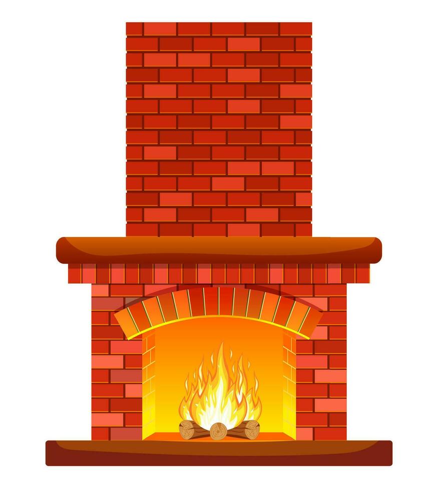 Winter Innere Lagerfeuer. klassisch Kamin gemacht von rot Ziegel, hell Verbrennung Flamme und schwelend Protokolle innen. Zuhause Kamin zum Komfort und Entspannung. Vektor Illustration im eben Stil