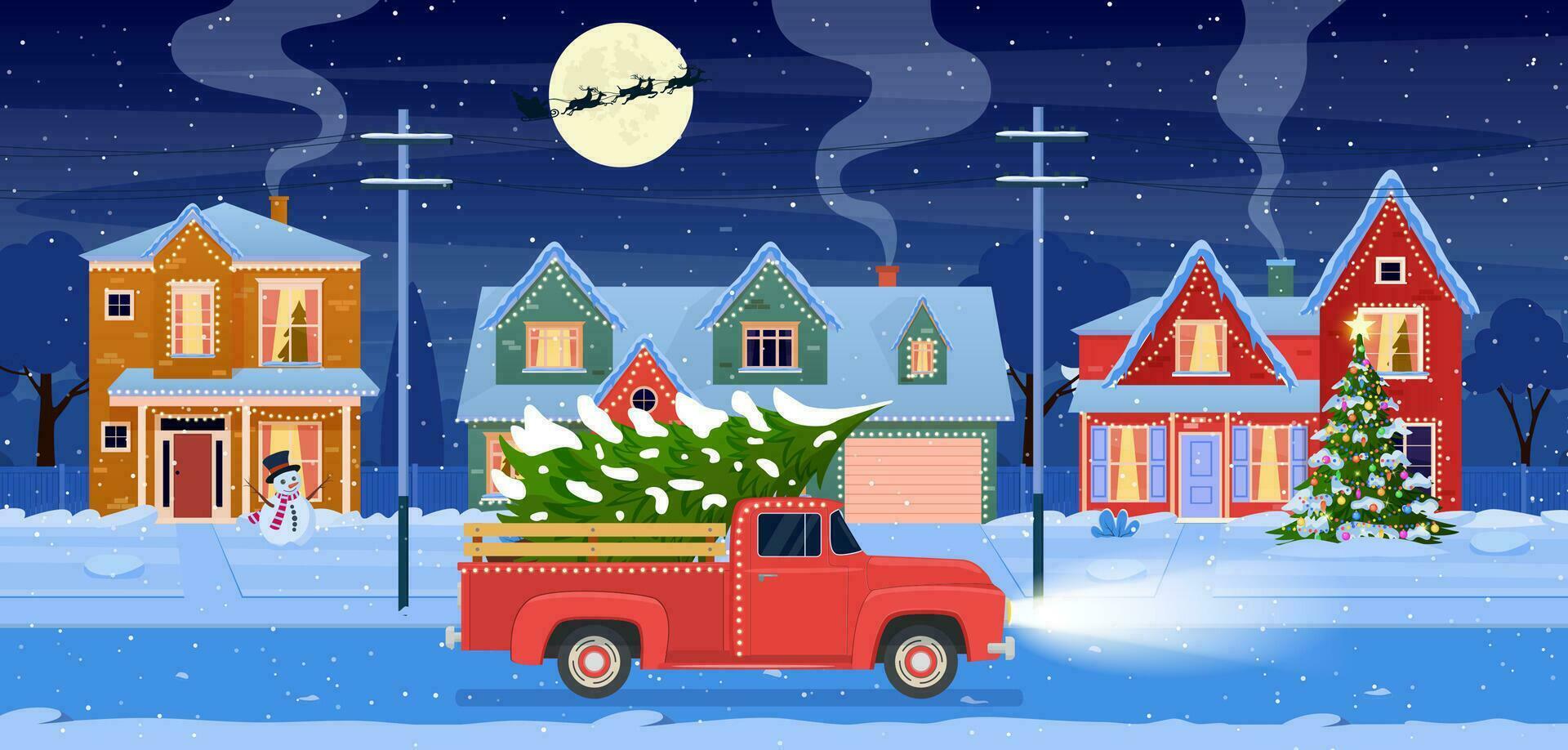 bostads- hus med jul dekoration på natt. jul landskap kort design av retro bil med presentlåda och jul träd. bakgrund med måne och de santa claus. vektor illustration