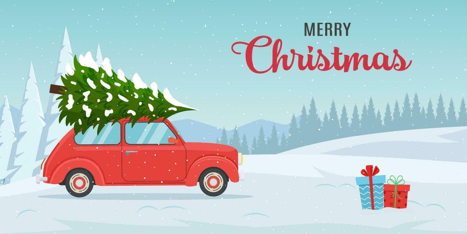 tecknad serie jul och ny år hälsning kort.jul kort eller affisch design med retro röd med jul träd på styrelse. vektor illustration i platt stil