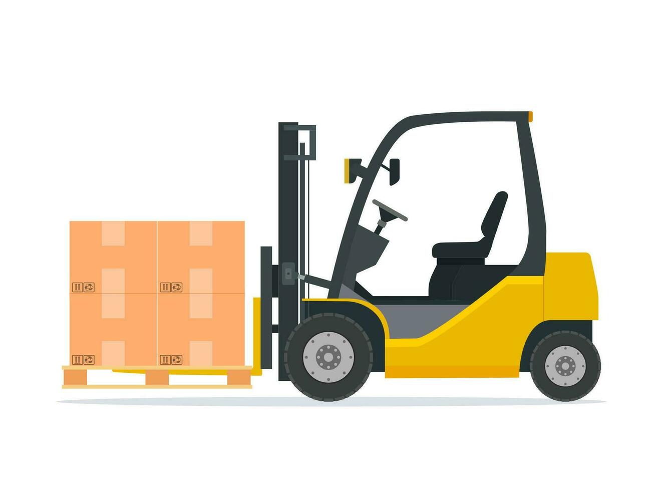 Gelb Gabelstapler LKW isoliert auf Weiß Hintergrund. Gabelstapler entlädt das Paletten mit Boxen. Lieferung, logistisch und Versand Ladung. Warenhaus und Lager Ausrüstung. Vektor Illustration im eben Stil