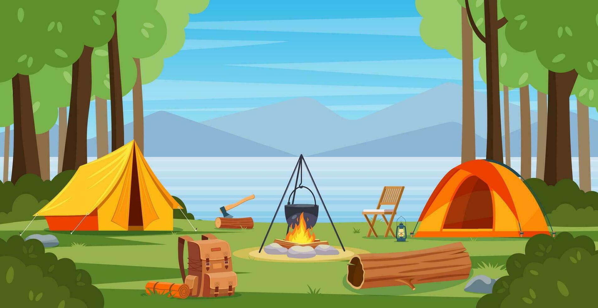Sommer- Lager im Wald mit Lagerfeuer, Zelt, Rucksack und Laterne. Karikatur Landschaft mit Berg, Wald und Campingplatz. Ausrüstung zum reisen, wandern. Vektor Illustration im eben Stil