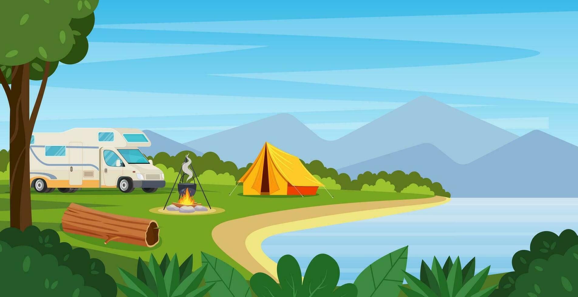 Sommer- Lager mit Lagerfeuer, Zelt, Lieferwagen. Karikatur Landschaft mit Berg, Wald und Campingplatz. Ausrüstung zum reisen, wandern. Vektor Illustration im eben Stil