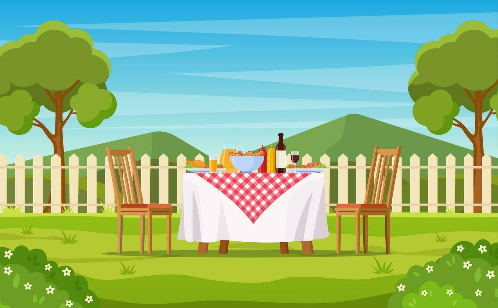 utegrill fest i de bakgård med staket, träd, buskar. picknick med utegrill på sommar gräsmatta i parkera eller trädgård mat på tabell, stolar. vektor illustration i platt design