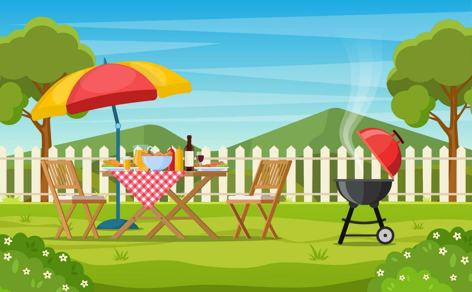bbq fest i de bakgård med staket, träd, buskar. picknick med utegrill på sommar gräsmatta i parkera eller trädgård mat på tabell, stolar och paraply. vektor illustration i platt design