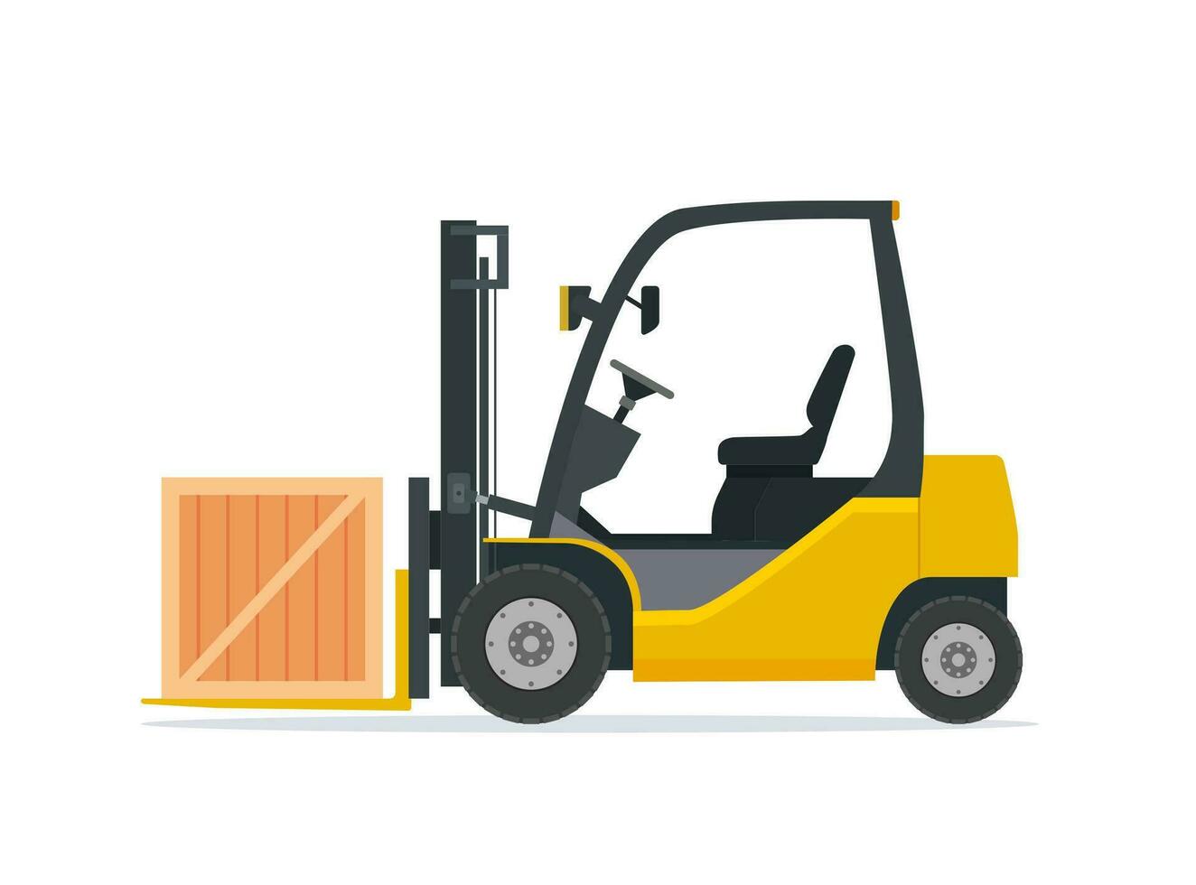 gul gaffeltruck lastbil isolerat på vit bakgrund. gaffeltruck lossar lådor. leverans, logistisk och frakt frakt. lager och lagring Utrustning. vektor illustration i platt stil