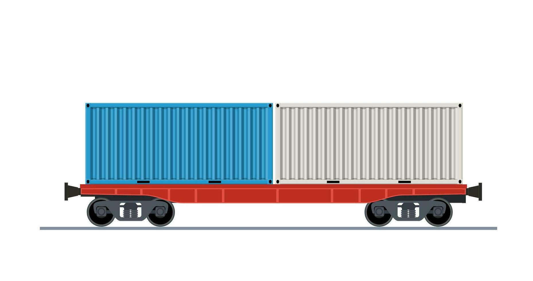 Fracht Zug Wagen. Eisenbahn Autos Container Aussicht von Seite. Ladung Zug Wagen isoliert auf Weiß Hintergrund Symbol. industriell Eisenbahn Transport. Vektor Illustration im eben Stil